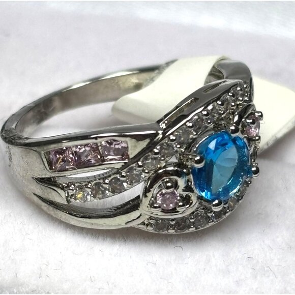 Sterling Silver Ring With Blue Topaz & Pink Cubic Zirconia Stones Size 7,9 - Picture 3 of 4